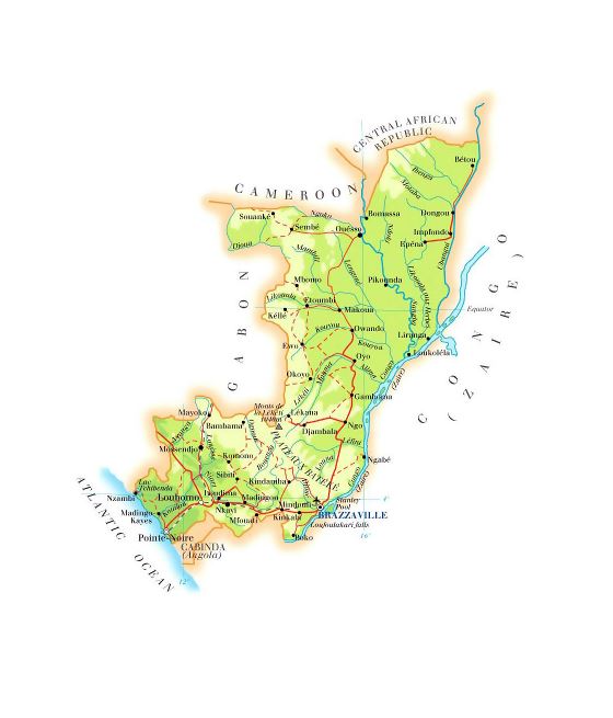 Detallado elevación mapa de Congo con carreteras, ciudades y aeropuertos