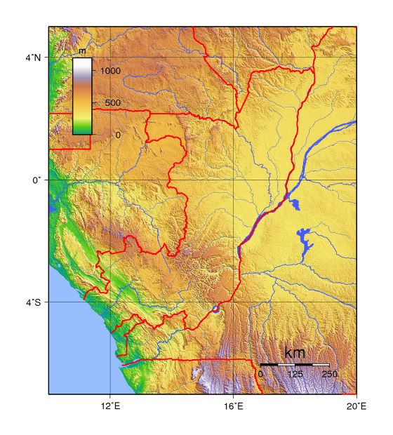 Detallado mapa físico de Congo