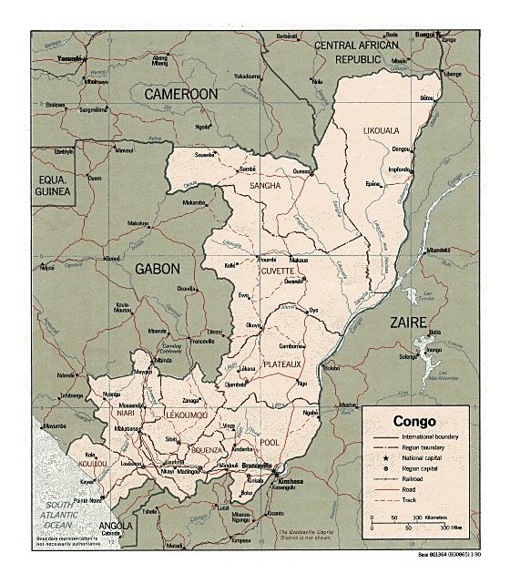 Detallado político y administrativo mapa de Congo con carreteras, ferrocarriles y principales ciudades - 1990
