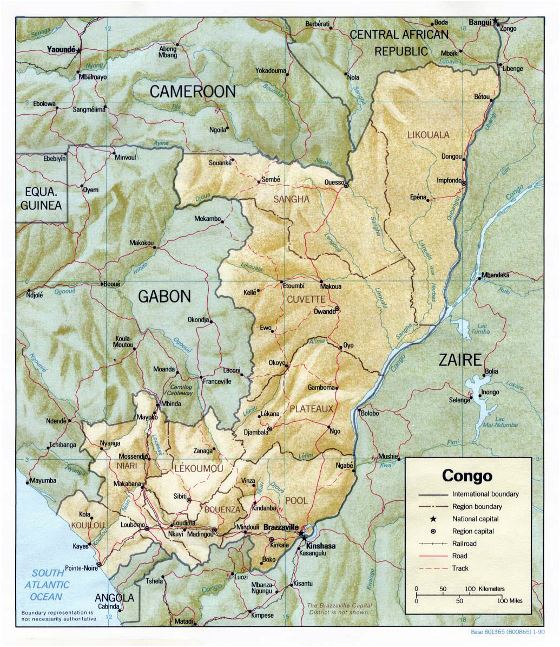 Detallado político y administrativo mapa de Congo con relieve, carreteras, ferrocarriles y principales ciudades - 1990