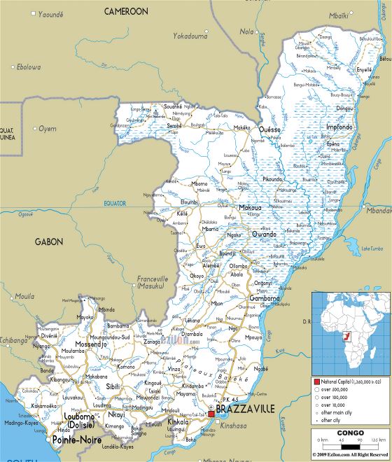 Grande carreteras mapa de Congo con ciudades y aeropuertos