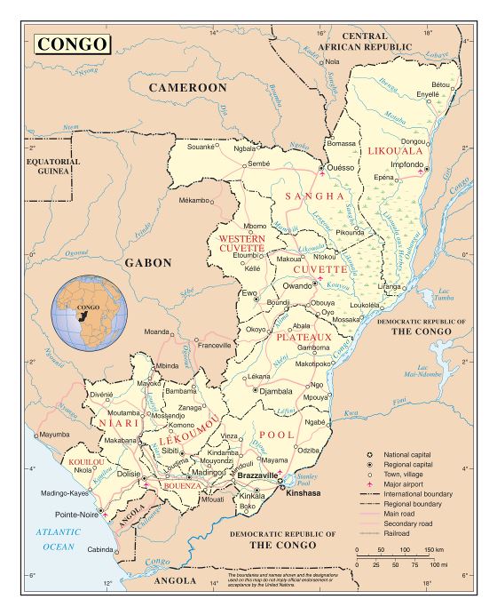 Grande detallado mapa político y administrativo de Congo con carreteras, ferrocarriles, ciudades y aeropuertos
