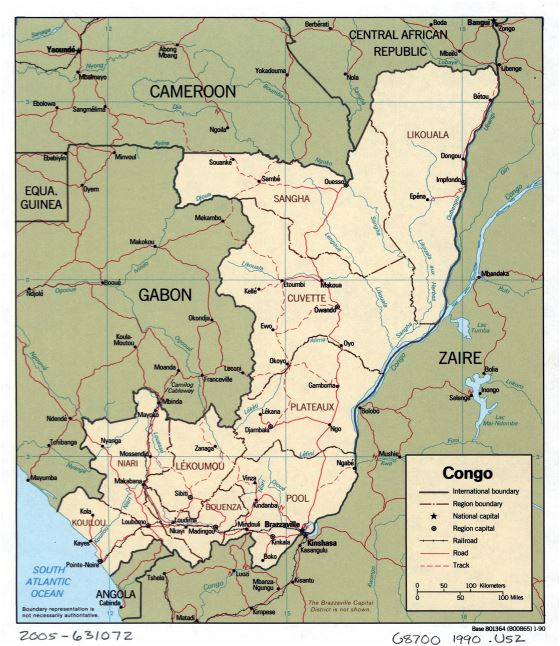 Grande detallado mapa político y administrativo de Congo con carreteras, ferrocarriles y principales ciudades - 1990