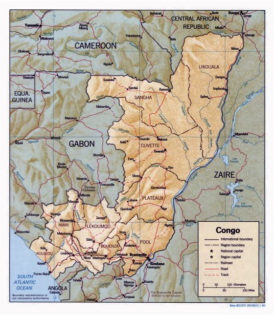 Grande detallado político y administrativo mapa de Congo con relieve, carreteras, ferrocarriles y principales ciudades - 1990