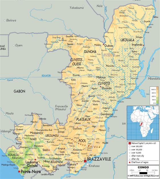 Grande mapa físico de Congo con carreteras, ciudades y aeropuertos