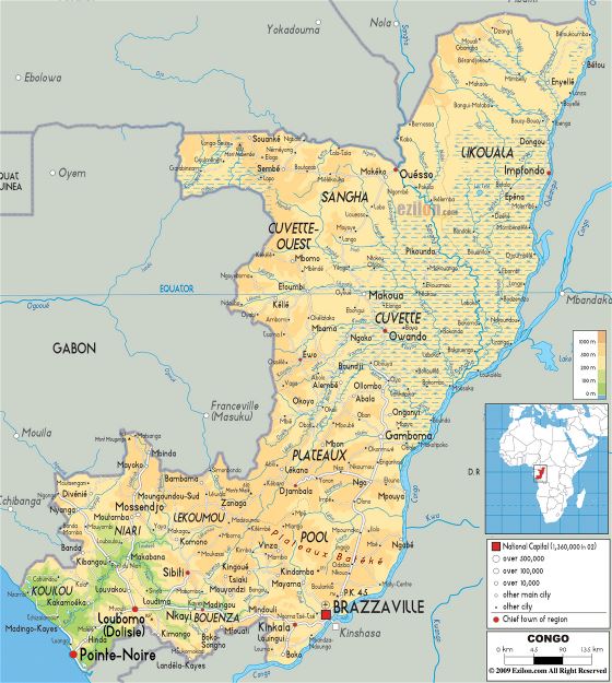 Grande mapa físico de Congo con carreteras, ciudades y aeropuertos