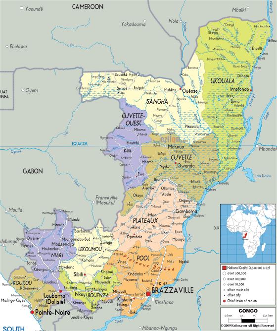 Grande político y administrativo mapa de Congo con carreteras, ciudades y aeropuertos