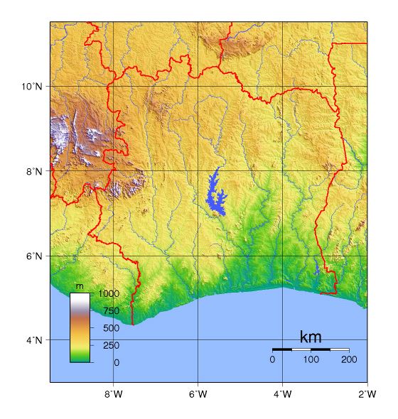 Detallado mapa físico de Ivory Costa