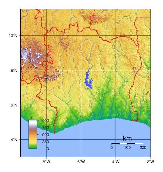 Detallado mapa físico de Ivory Costa