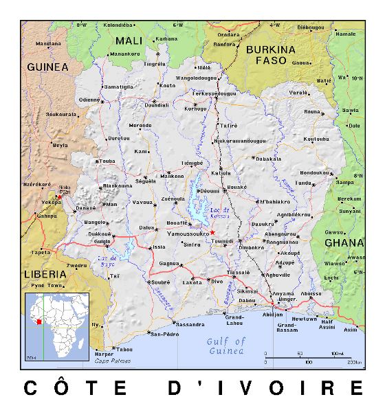 Detallado mapa político de Costa de Marfil con relieve