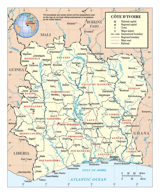 Detallado político y administrativo mapa de Costa de Marfil con carreteras, ferrocarriles, ciudades y aeropuertos