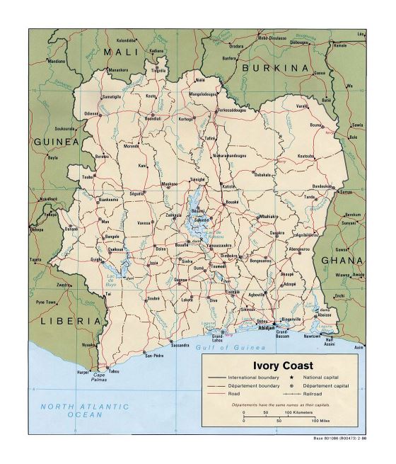 Detallado político y administrativo mapa de Costa de Marfil con carreteras, ferrocarriles y principales ciudades - 1988