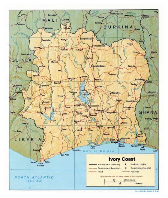 Gran escala político y administrativo mapa de Costa de Marfil con relieve, carreteras, ferrocarriles y principales ciudades - 1988