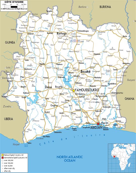 Grande carreteras mapa de Costa de Marfil con ciudades y aeropuertos