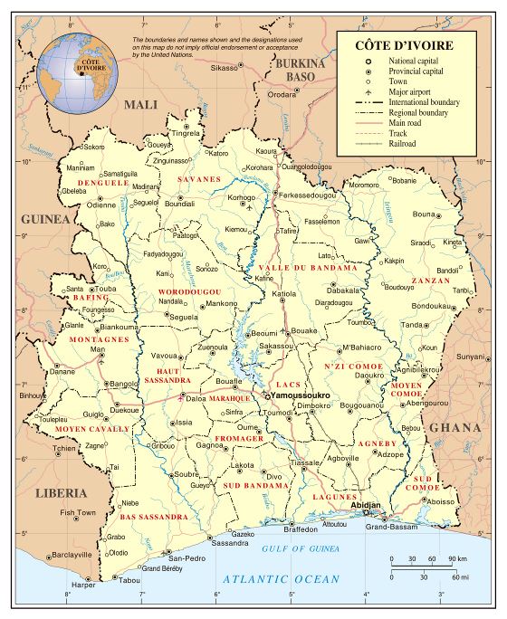 Grande detallado político y administrativo mapa de Costa de Marfil con carreteras, ferrocarriles, ciudades y aeropuertos