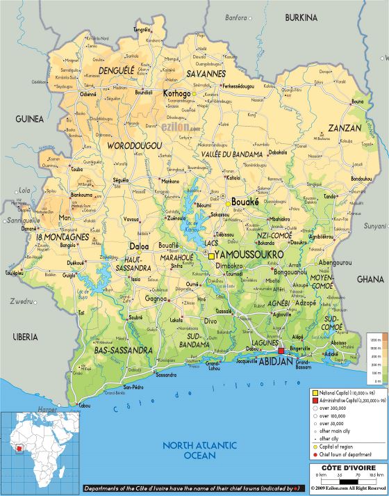 Grande físico mapa de Costa de Marfil con carreteras, ciudades y aeropuertos