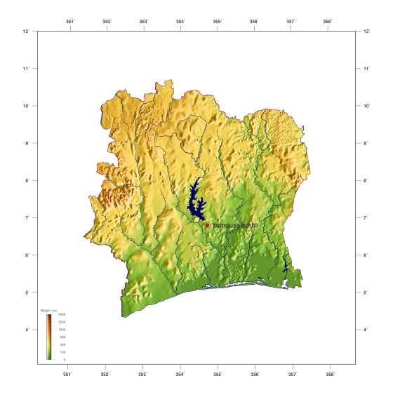 Grande mapa de elevación de Costa de Marfil