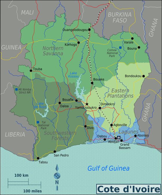 Grande mapa de regiones de Costa de Marfil