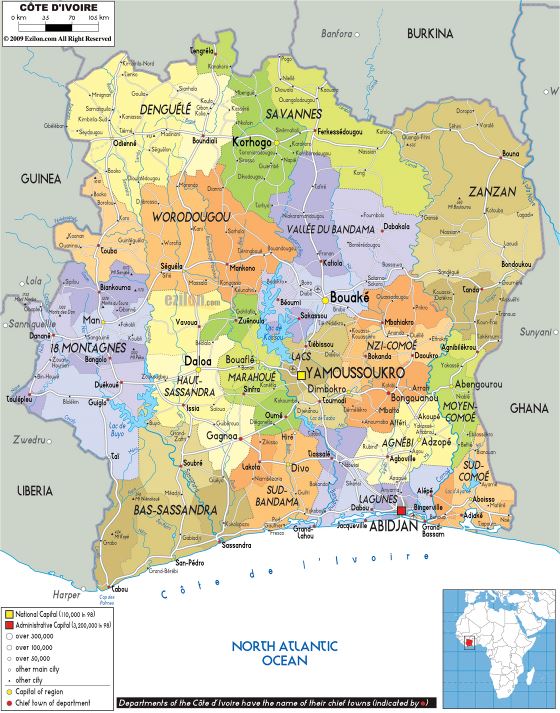 Grande político y administrativo mapa de Costa de Marfil con carreteras, ciudades y aeropuertos