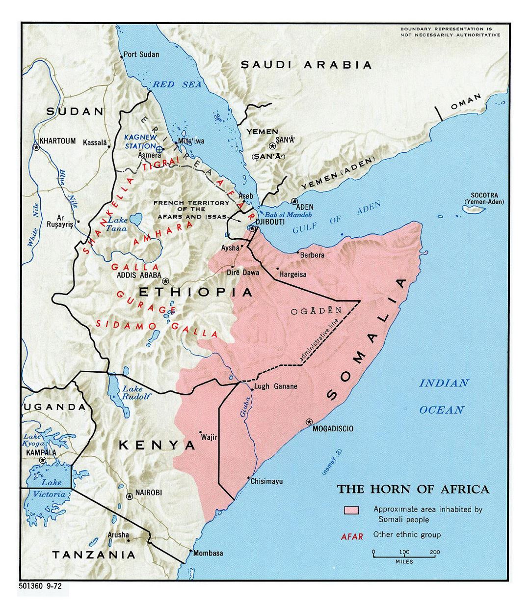 Mapa detallado de Cuerno de África con alivio - 1972
