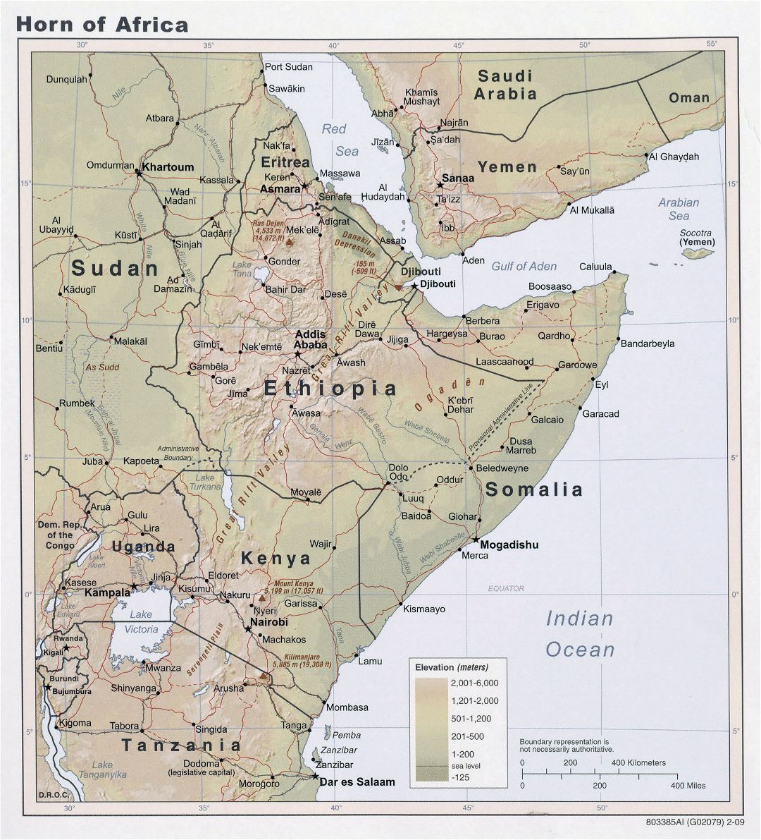 Mapa grande elevación detallada del Cuerno de África - 2009