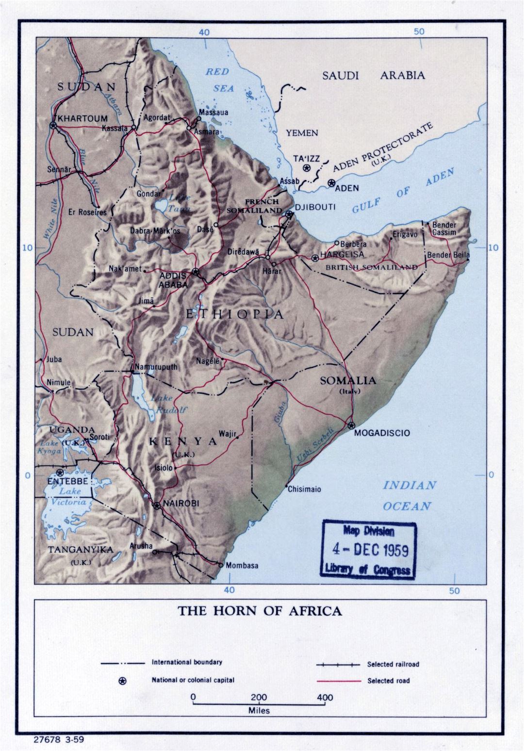 Mapa grande política detallada del Cuerno de África con alivio - 1959