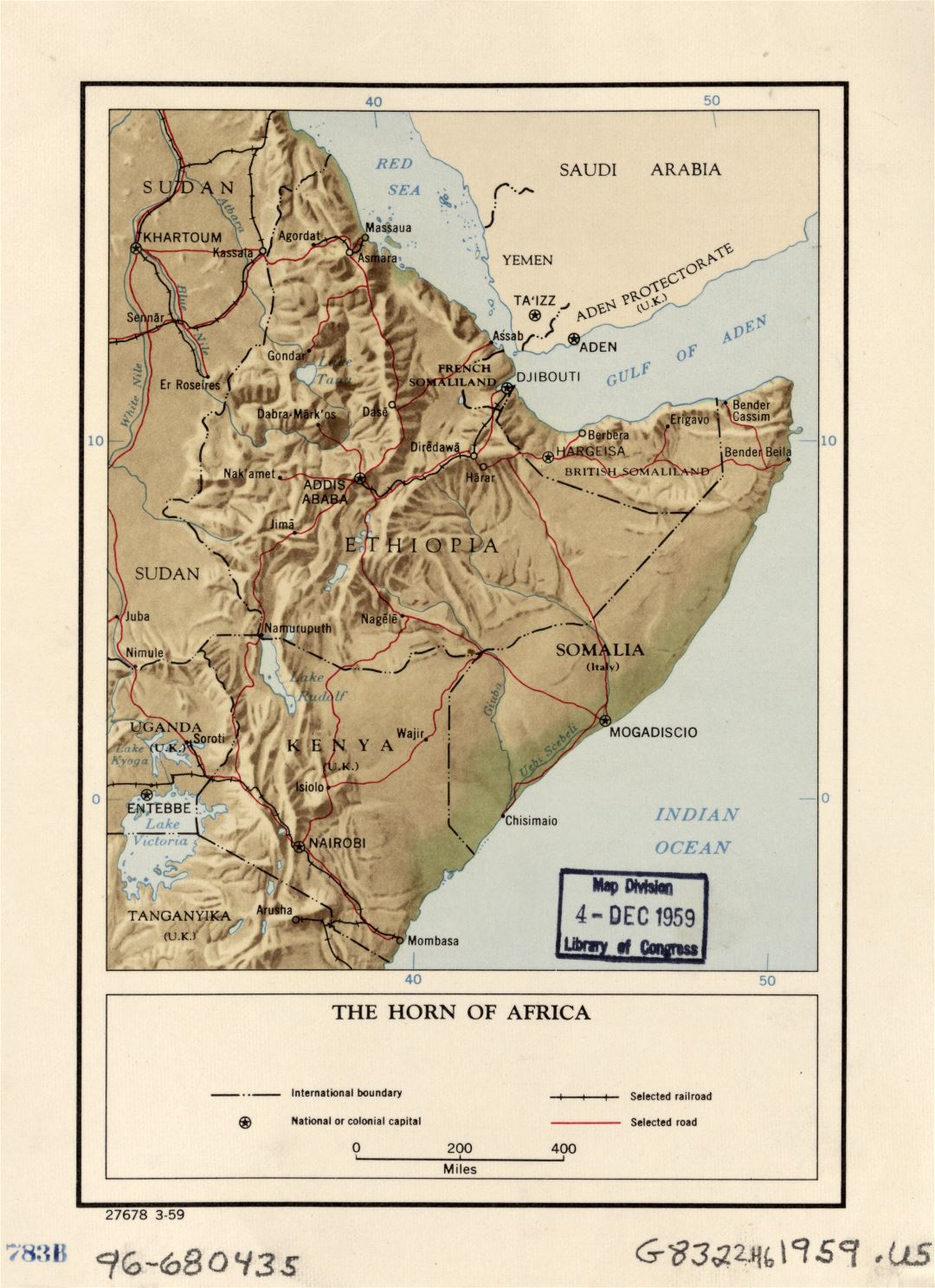 Mapa grande política detallada del Cuerno de África, con alivio, carreteras, ferrocarriles, grandes ciudades y las fronteras de los países - 1959