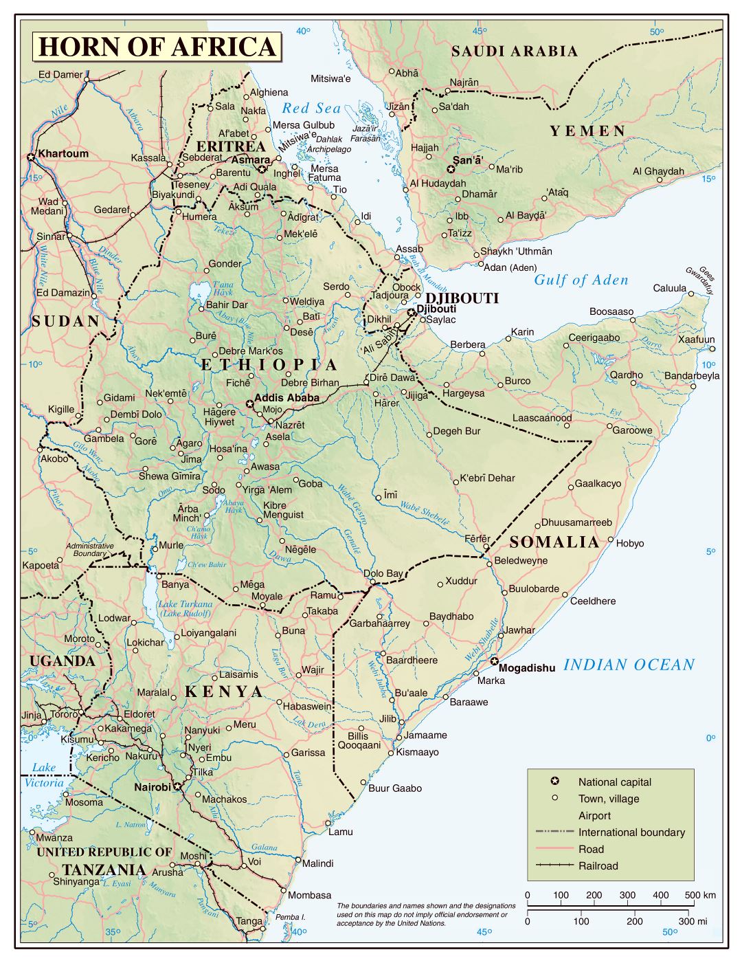 Mapa grande política detallada del Cuerno de África, con alivio, carreteras, ferrocarriles y ciudades