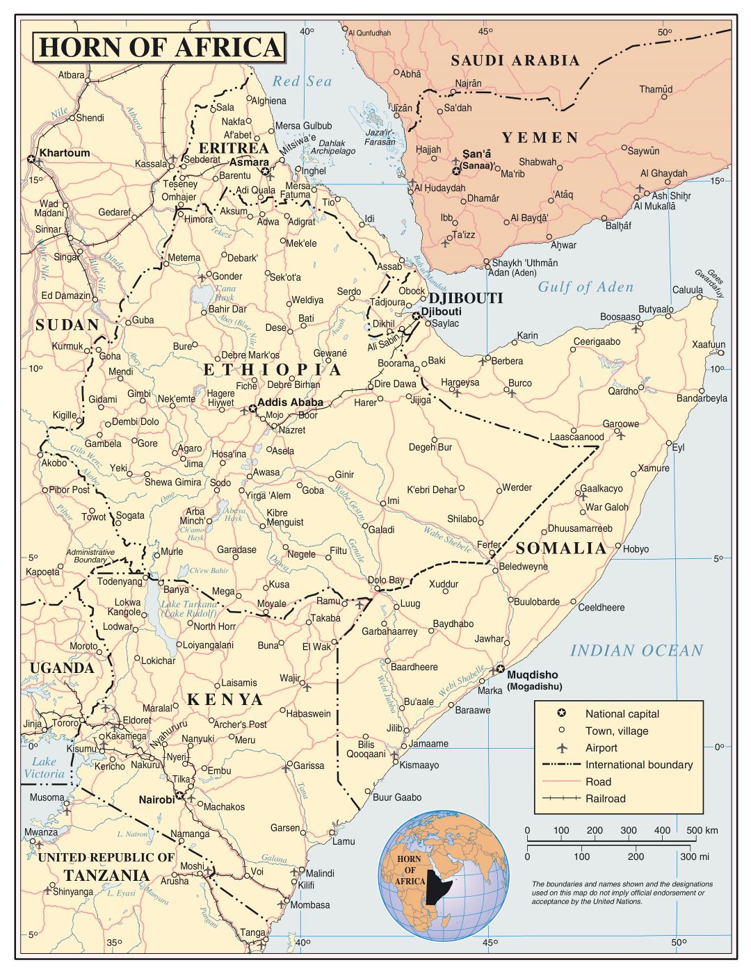 Mapa grande política detallada del Cuerno de África, con carreteras, ferrocarriles, aeropuertos y ciudades