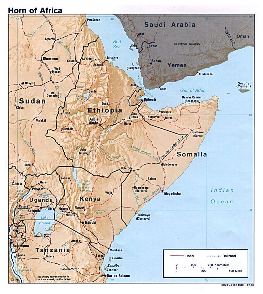 Mapa político grande del Cuerno de África con alivio - 1992