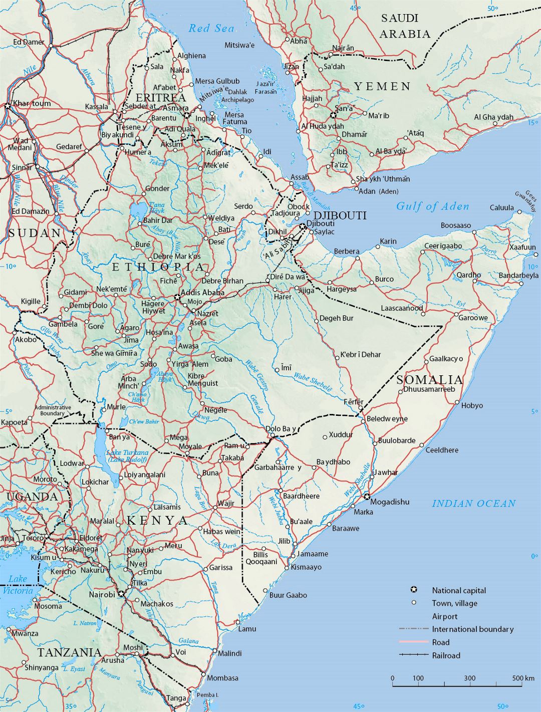 Mapa político grande del Cuerno de África, con alivio, carreteras, ferrocarriles y ciudades