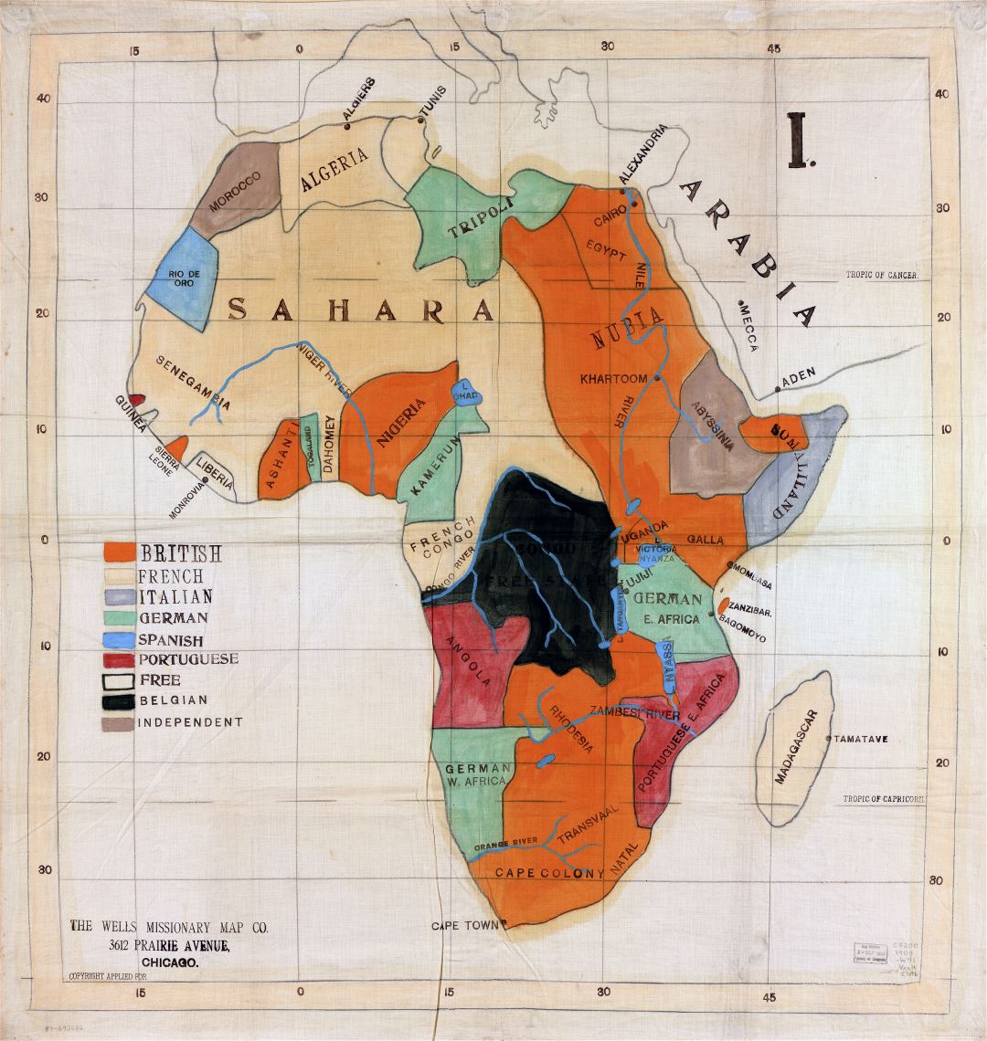 Detalle a gran escala Antiguo mapa político de África - 1908