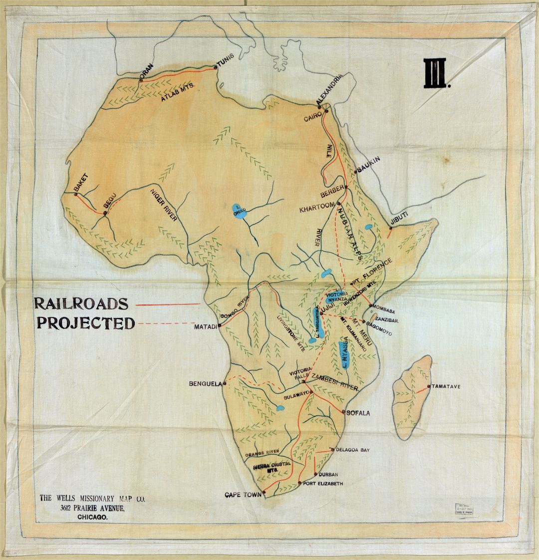 Detalle a gran escala mapa del ferrocarril antiguo de África - 1908