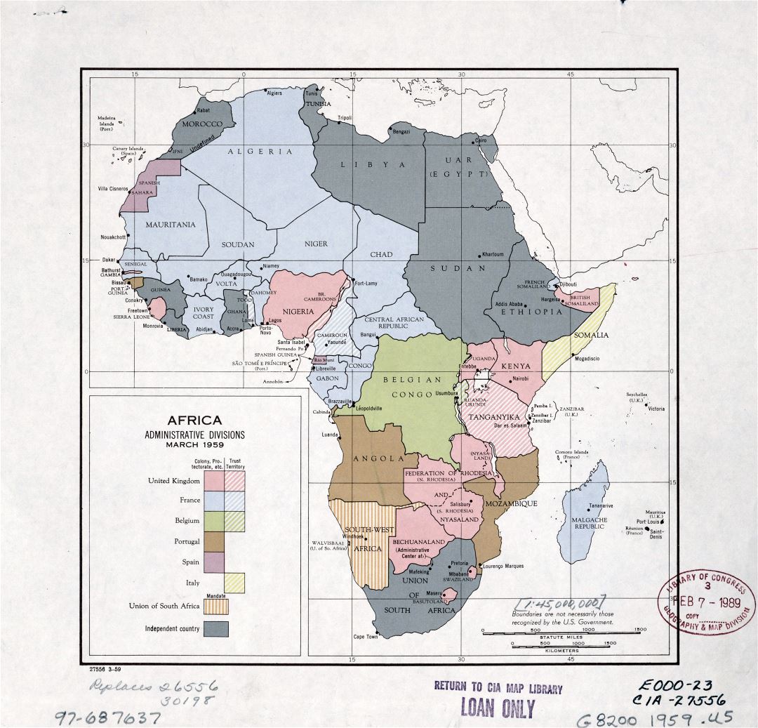 Detalles grandes divisiones administrativas mapa de África con las marcas de las grandes ciudades - marzo de 1959