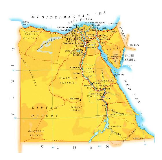 Detallado elevación mapa de Egipto con carreteras, ciudades y aeropuertos