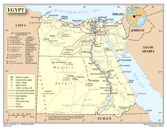 Detallado político y administrativo mapa de Egipto con carreteras, ferrocarriles, ciudades y aeropuertos