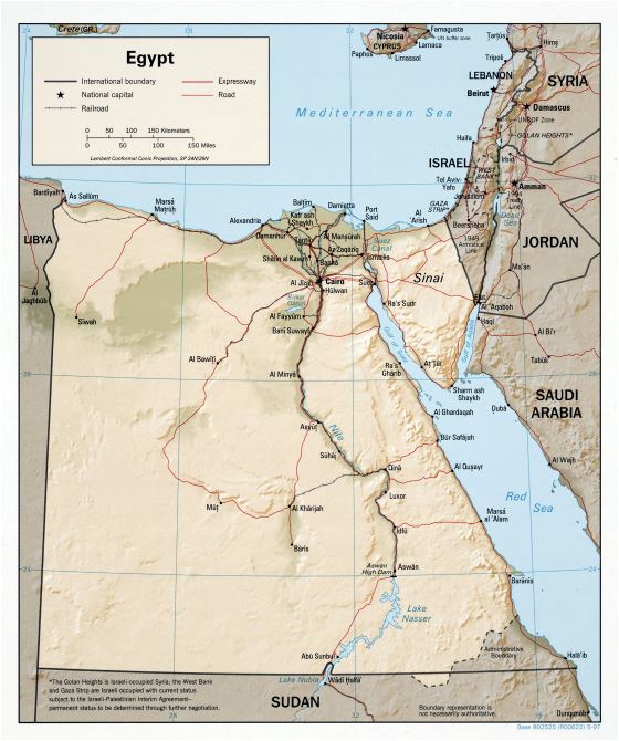 Gran escala mapa político de Egipto con relieve, carreteras, ferrocarriles y principales ciudades - 1997