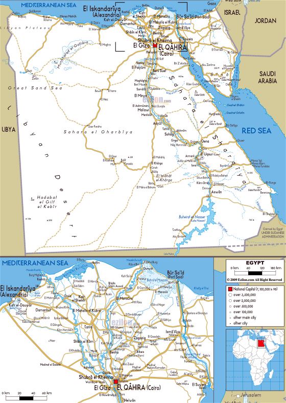 Grande carretera mapa de Egipto con ciudades y aeropuertos