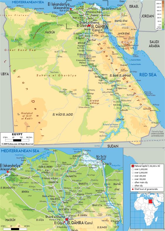 Grande mapa físico de Egipto con carreteras, ciudades y aeropuertos