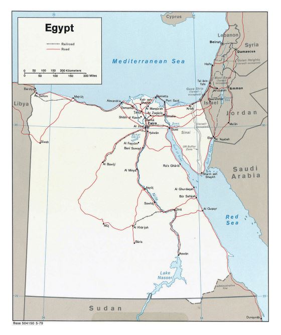 Grande mapa político de Egipto con carreteras, ferrocarriles y principales ciudades - 1979