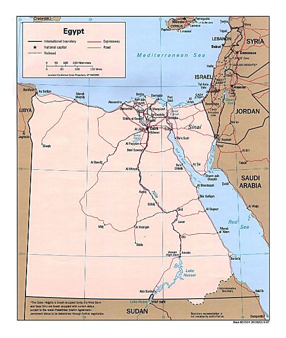Grande mapa político de Egipto con carreteras, ferrocarriles y principales ciudades - 1997