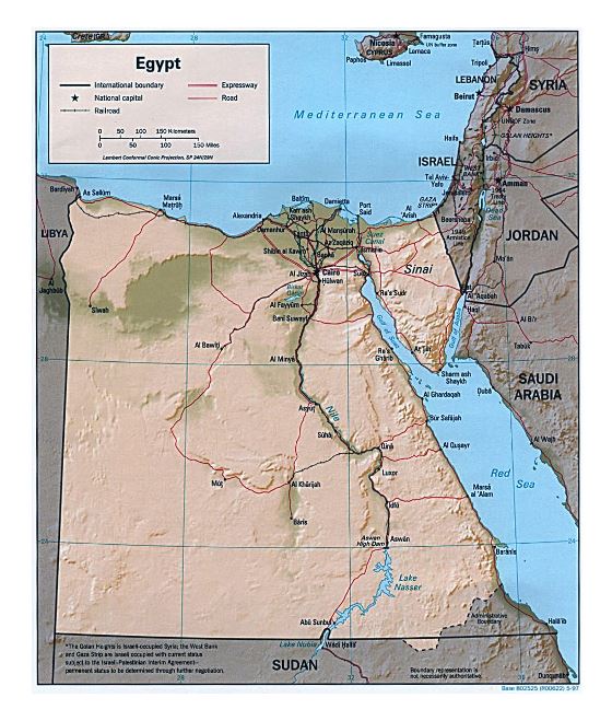 Grande mapa político de Egipto con relieve, carreteras, ferrocarriles y principales ciudades - 1997