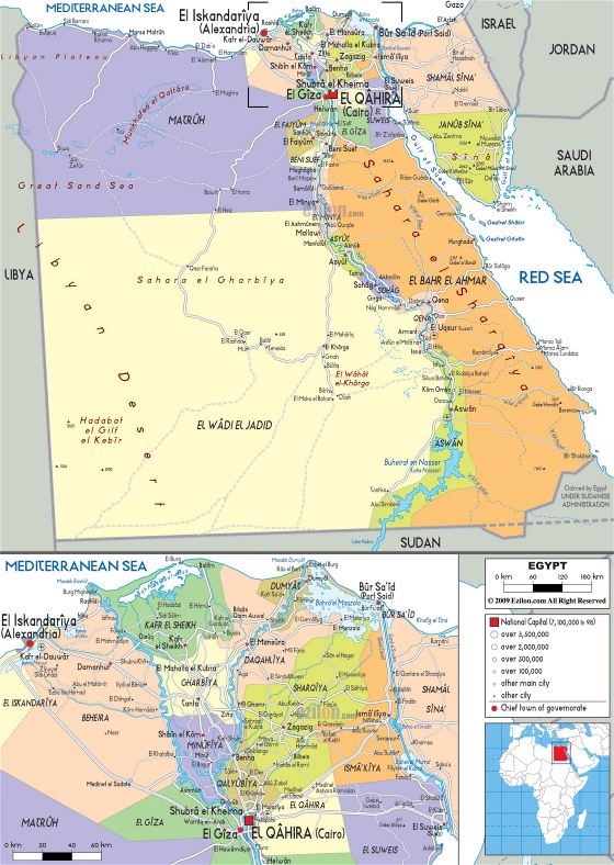 Grande político y administrativo mapa de Egipto con carreteras, ciudades y aeropuertos