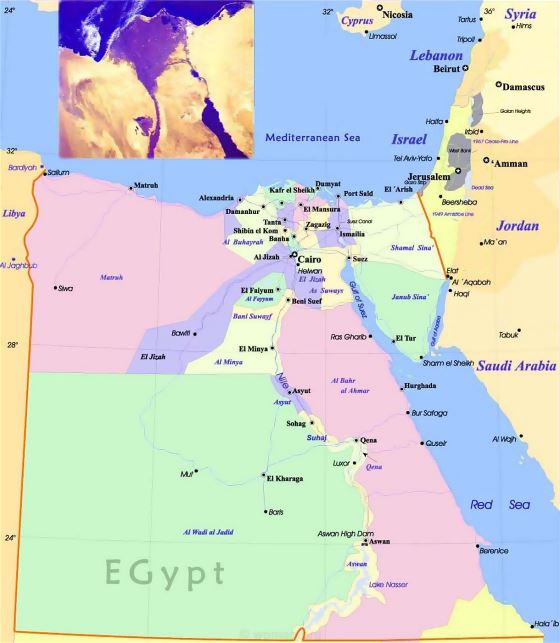 Grande político y administrativo mapa de Egipto con carreteras y ciudades