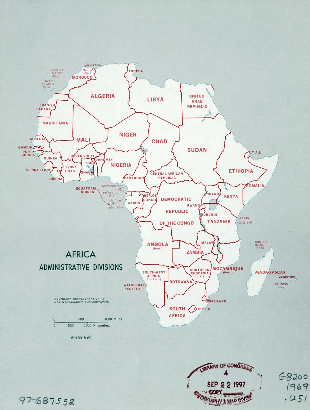 Gran detalle divisiones administrativas mapa de África - 1969