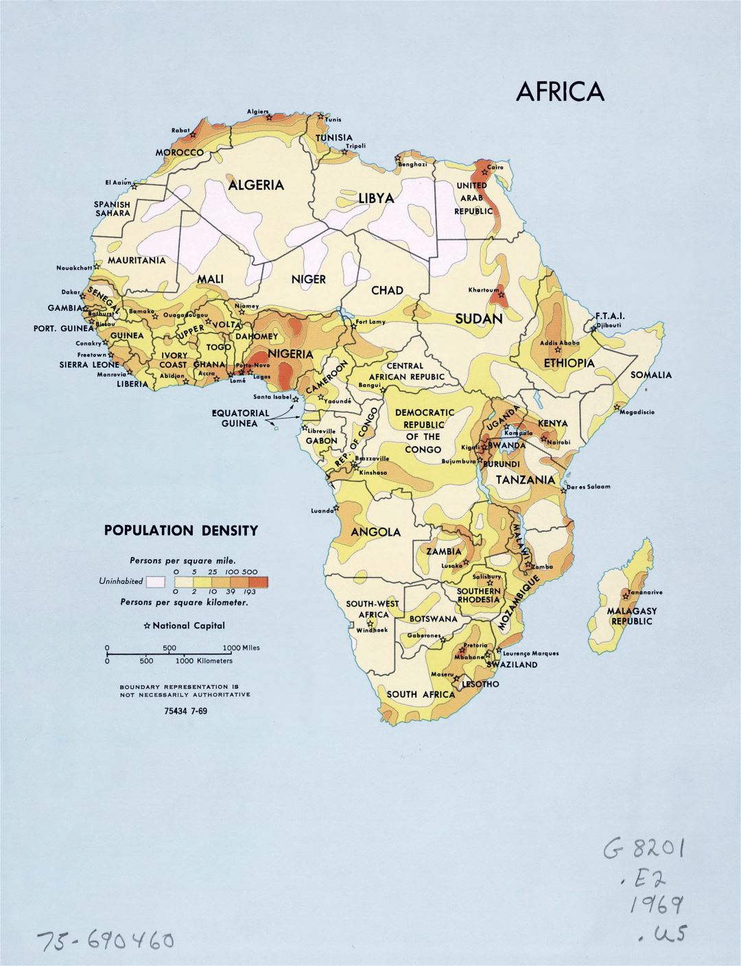 Mapa detallado densidad de población grande de África - 1969
