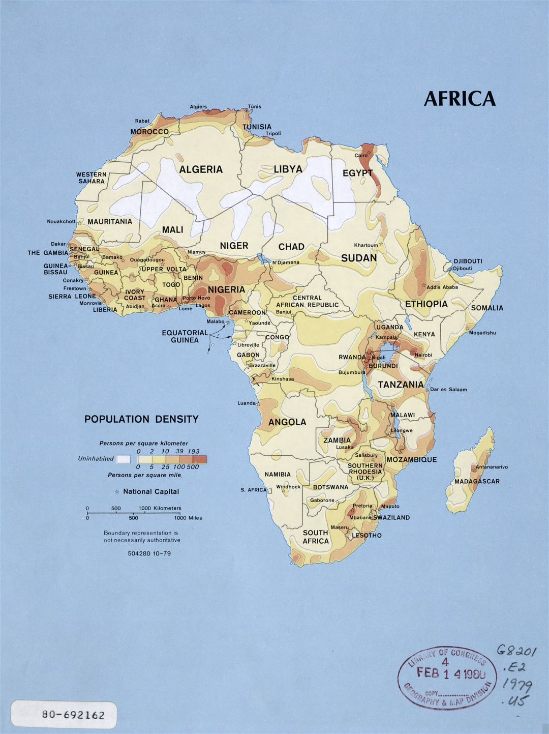 Mapa detallado densidad de población grande de África - 1979
