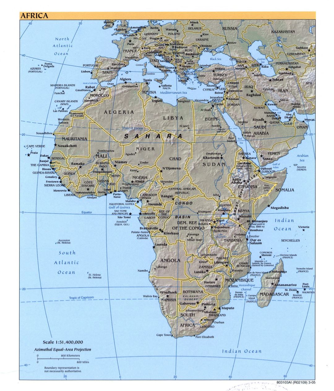 Mapa grande detallada política de África con alivio, marcas de capitales, grandes ciudades y nombres de los estados - 2005