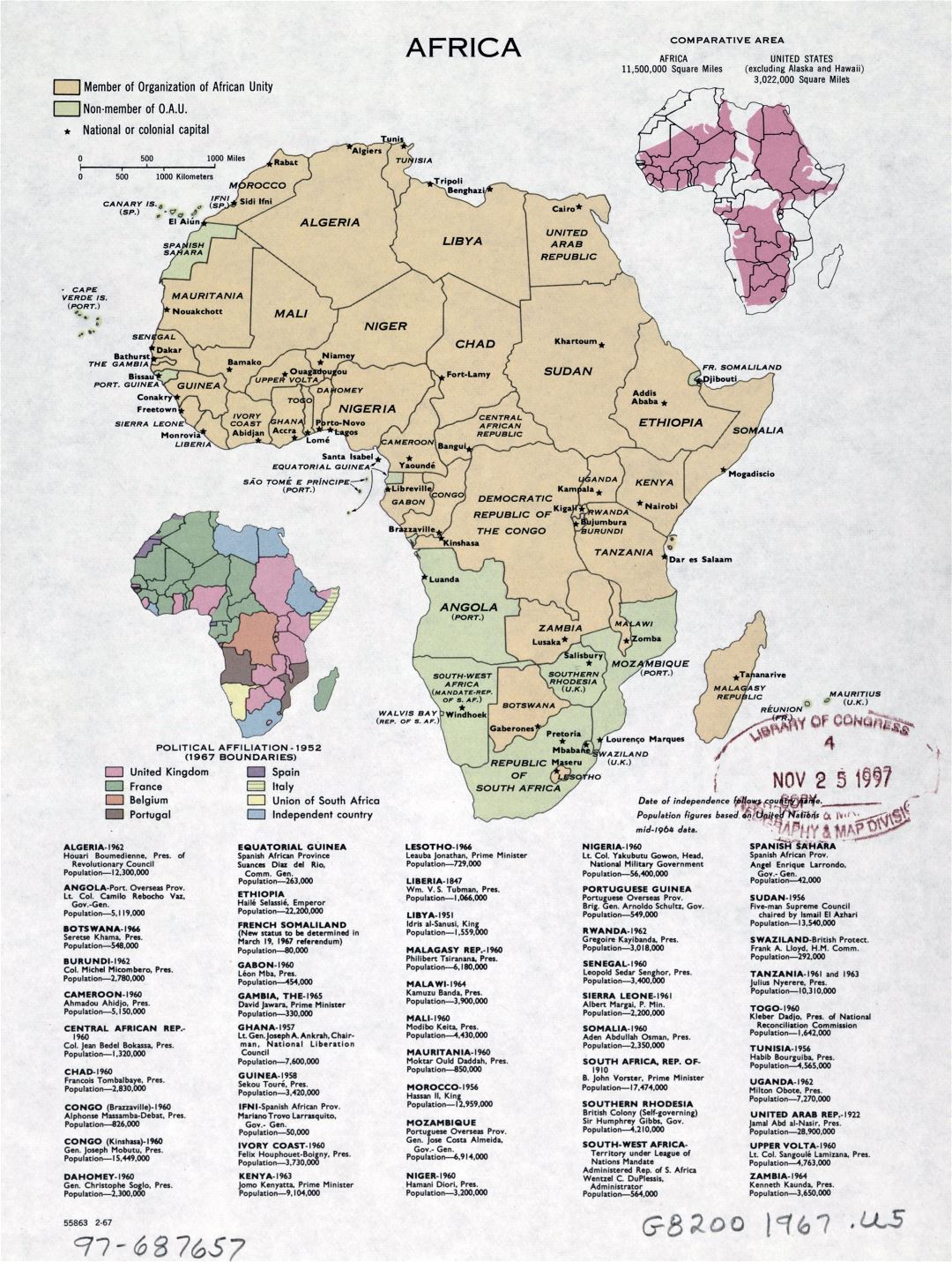 Mapa grande detallada política de África con las marcas de capitales - febrero de 1967