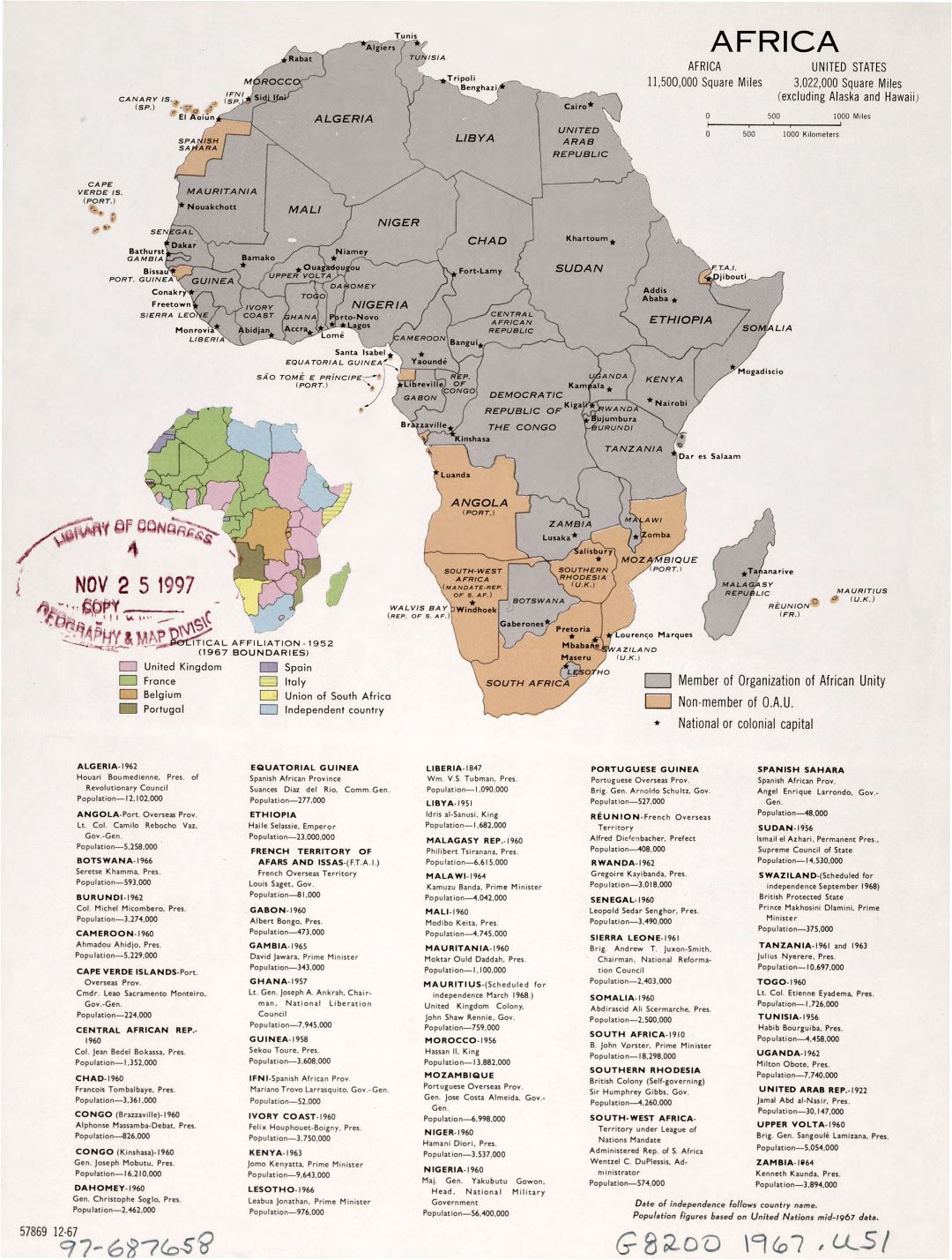 Mapa grande detallada política de África con las marcas de las ciudades capitales - Diciembre de 1967